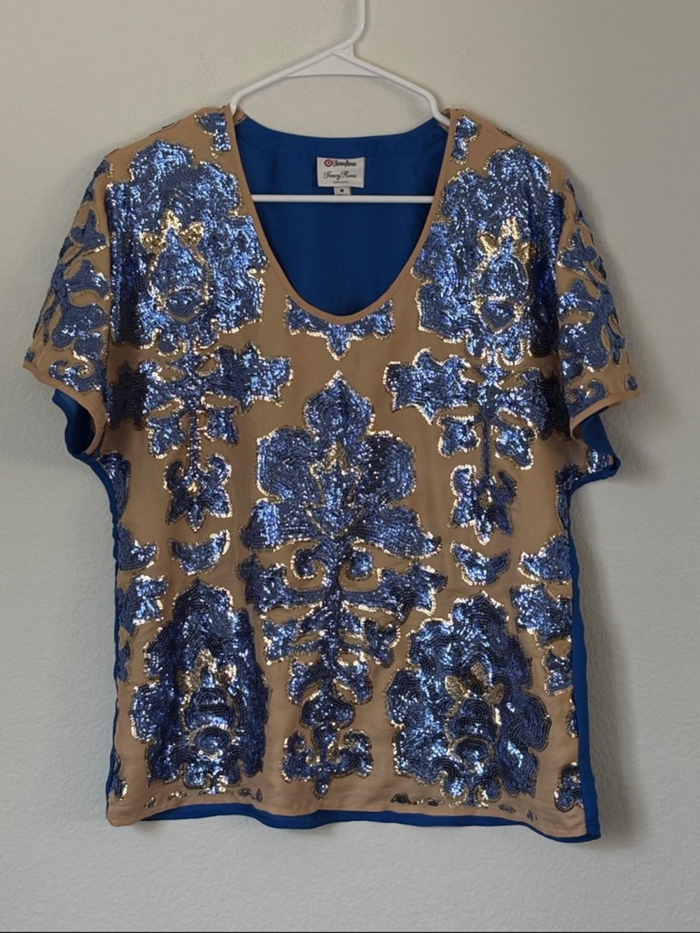 Tracy Reese Tan Top with Blue and Gold Sequin Motif